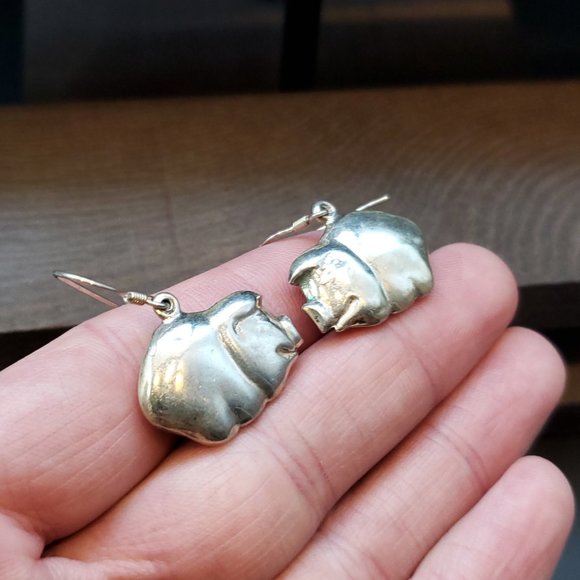 925 Sterling Silver Rustic Pig Dangle Earrings - Picture 2 of 5